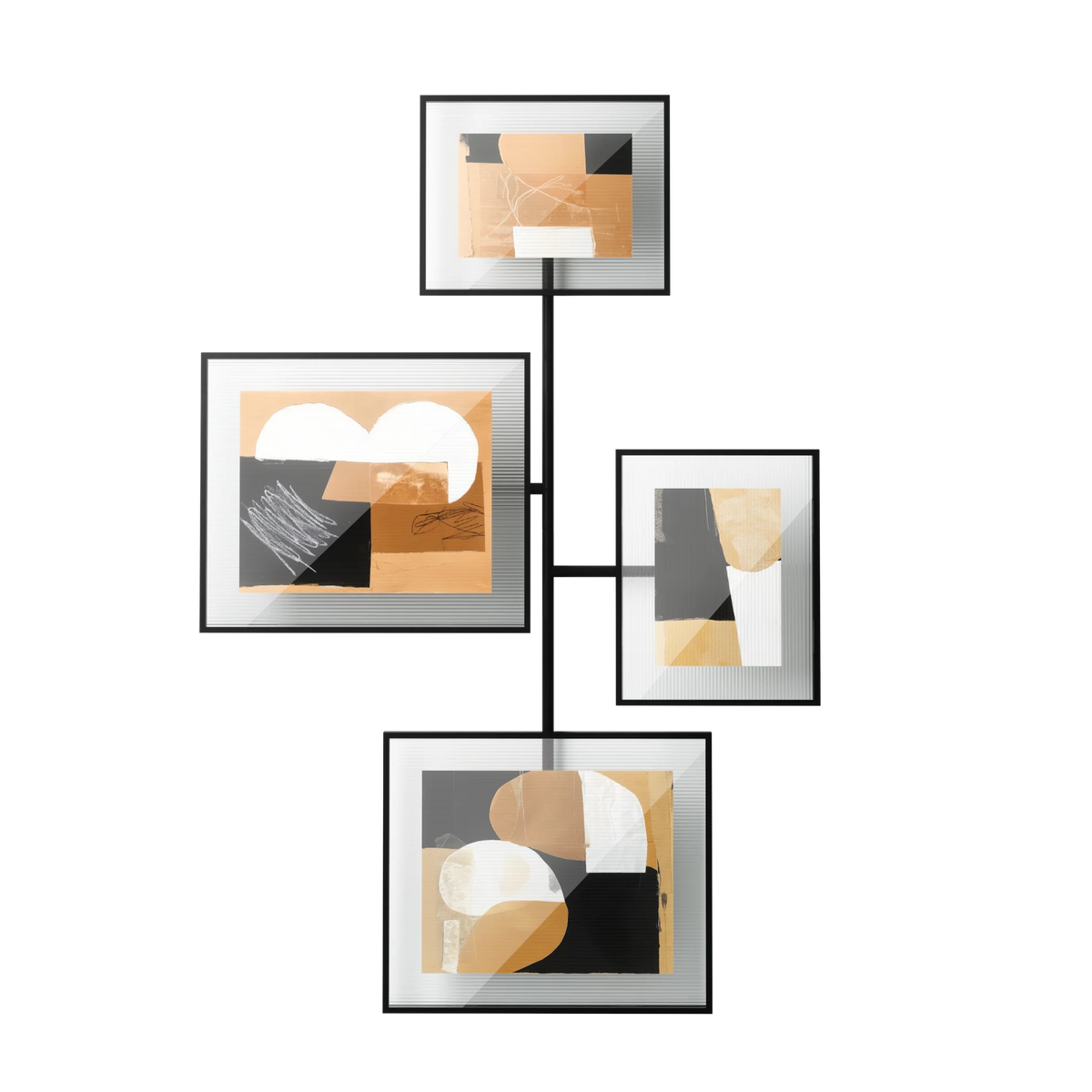 Set of 4 modern metal and ribbed glass gallery wall frames on a living room wall