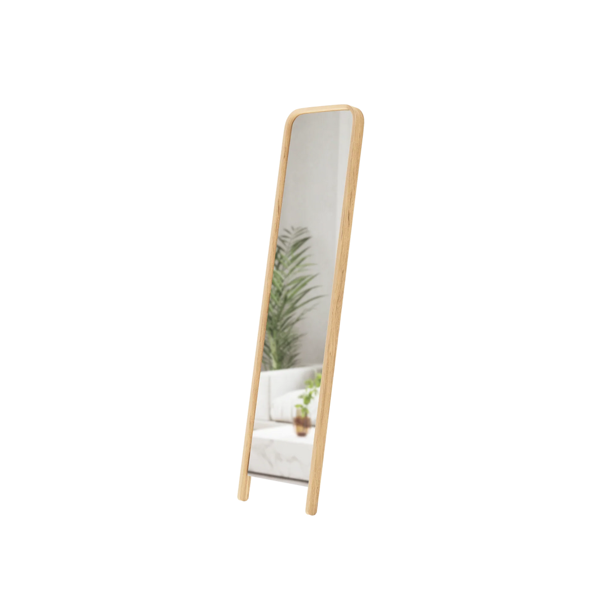 Sustainable wood leaning mirror with soft-curved frame