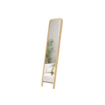 Sustainable wood leaning mirror with soft-curved frame