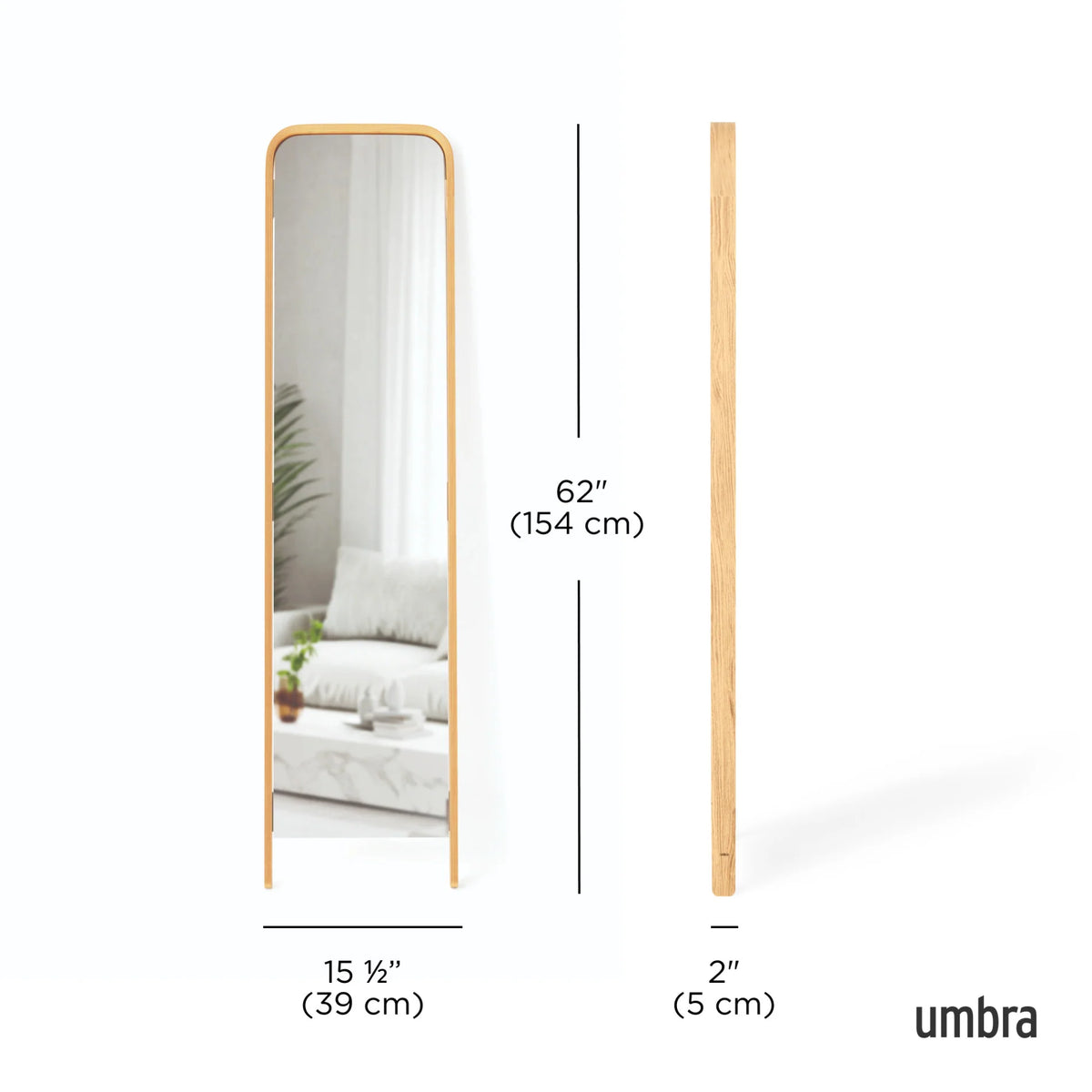 Leaning Mirror with Sustainable Soft-Curved Wood Frame